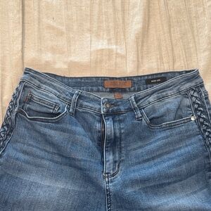 Judy Blue Medium Blue Wide Leg Braided-Trim Jeans